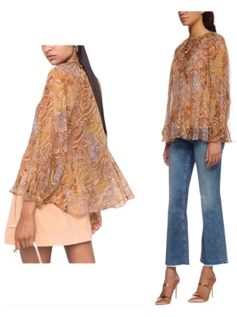 NWOT Zimmermann AU 1/ US Small Paisley Lace-Up Ruffle Blouse in Gold and blues - Picture 4 of 15